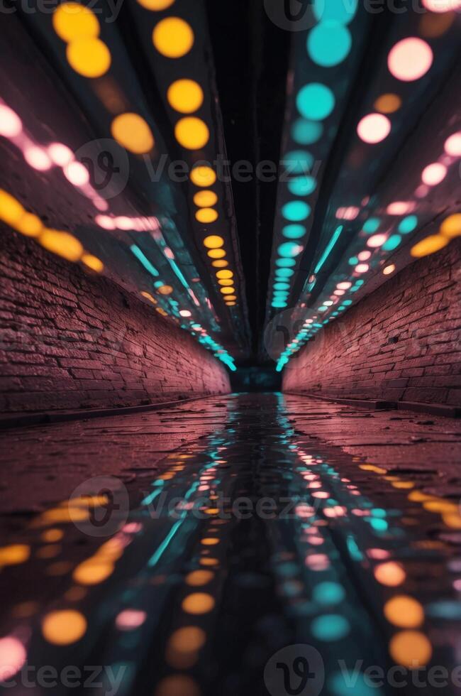 Futuristic Digital Tunnel with Glowing Lights. photo