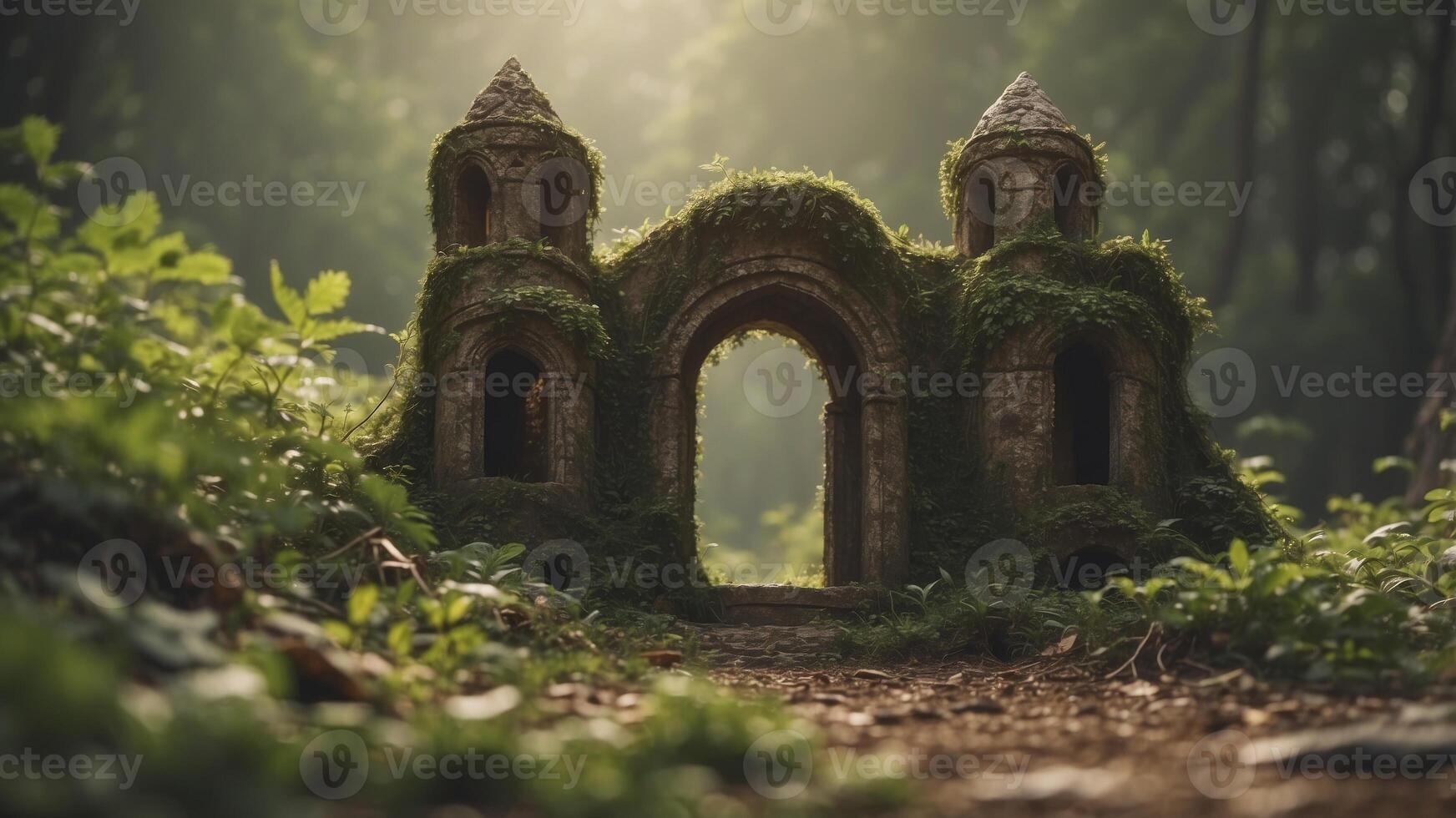 Overgrown Ruins of an Ancient Gothic Structure. photo