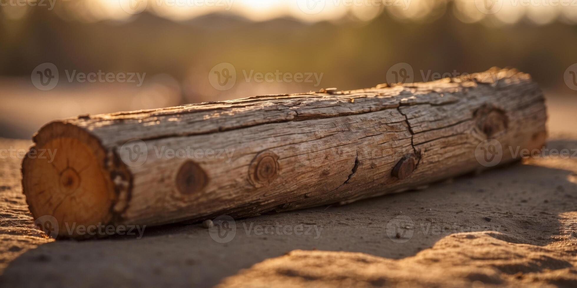 Golden hour sunlight on weathered desert log. photo