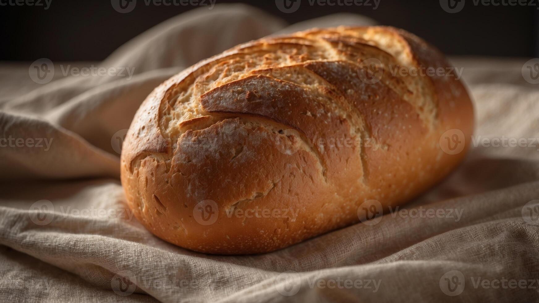 A Single Loaf of Crusty Bread on a Linen Cloth. photo