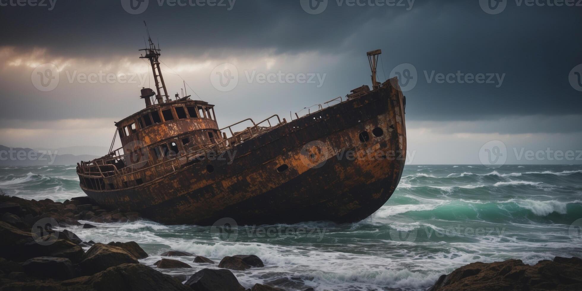 Dramatic Cinematic Scene of Shipwreck During Stormy Weather on Rocky Coastal Shoreline. photo