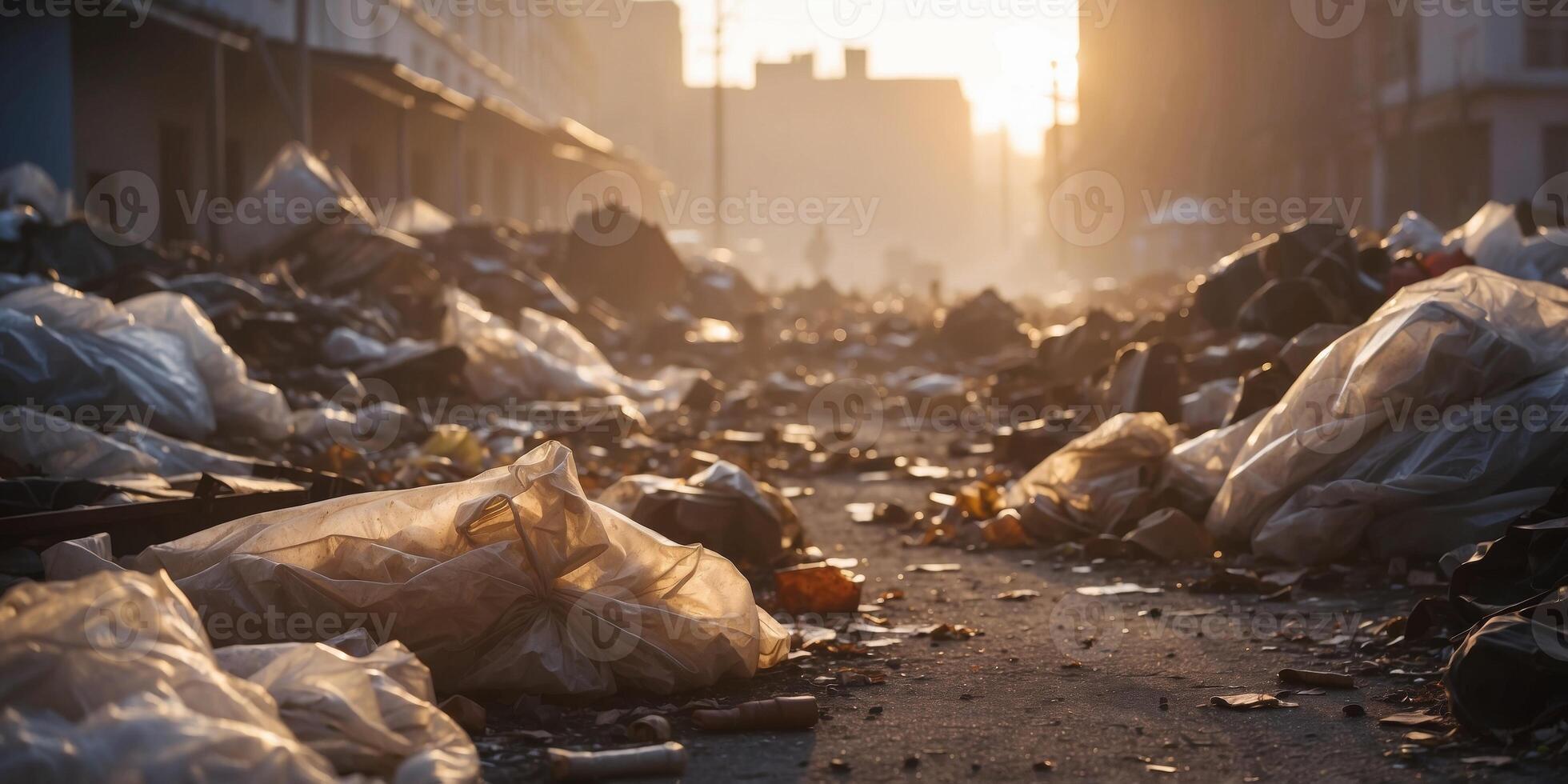 decay of urban landscape amid overflowing trash dump covered in thick white fog emphasizing neglect in cinematic tone with warm golden hour lighting. photo