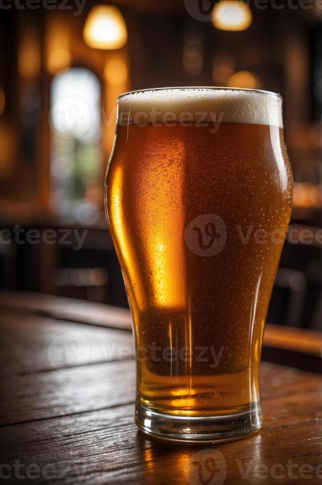 A frothy pint of craft beer with a rich amber hue served in a rustic pub. photo