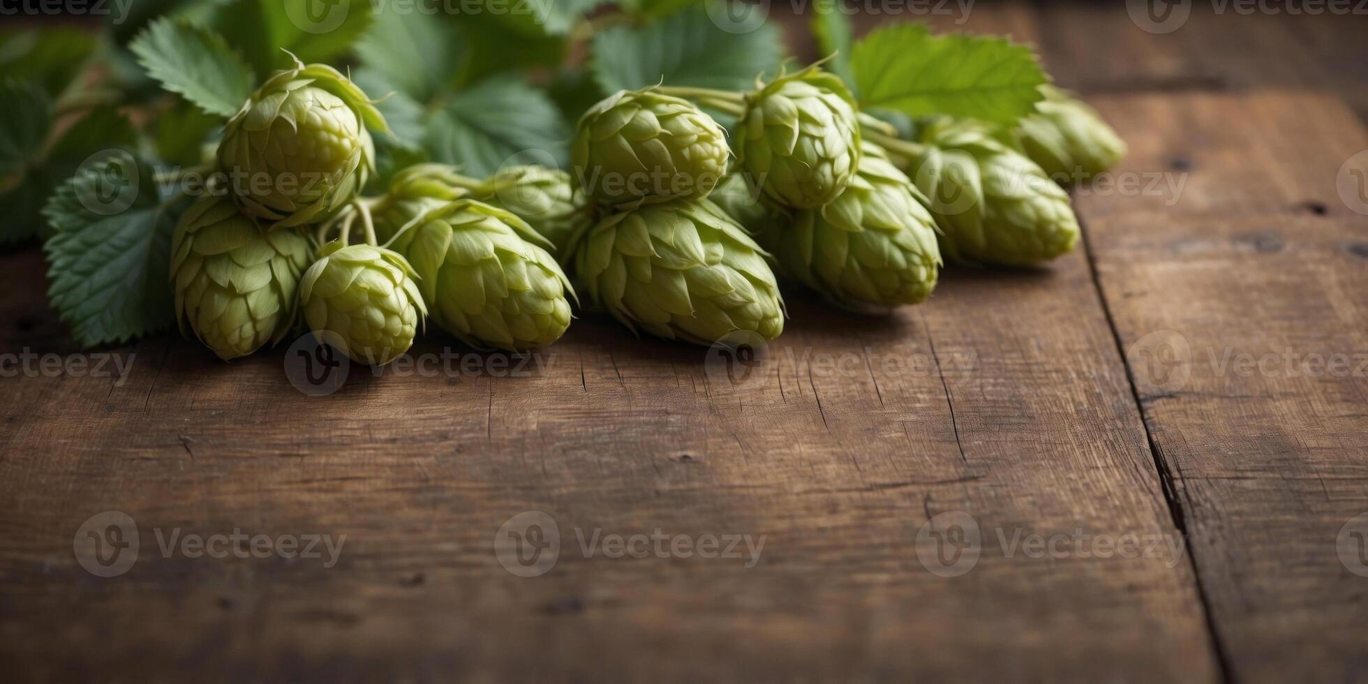 Fresh hops with green leaves on wooden table. photo
