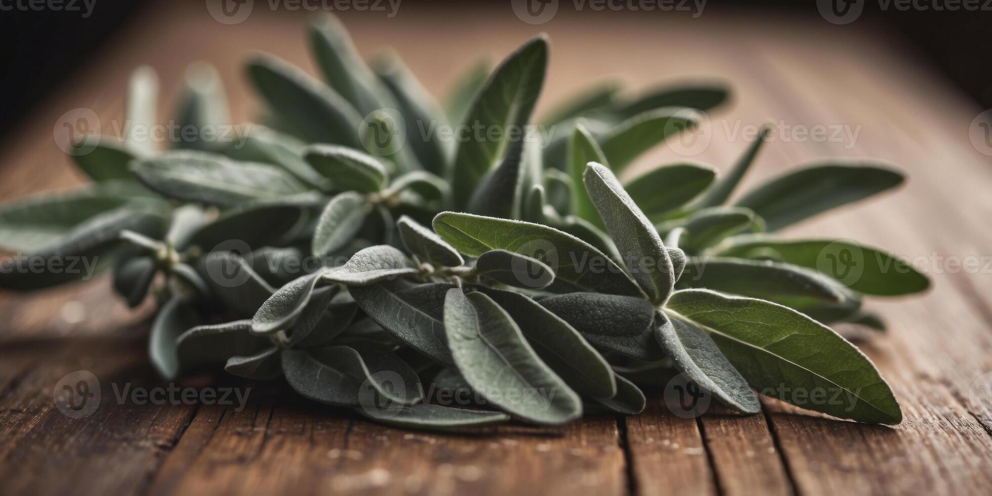 Fresh Sage Leaves on a Rustic Wooden Surface. photo