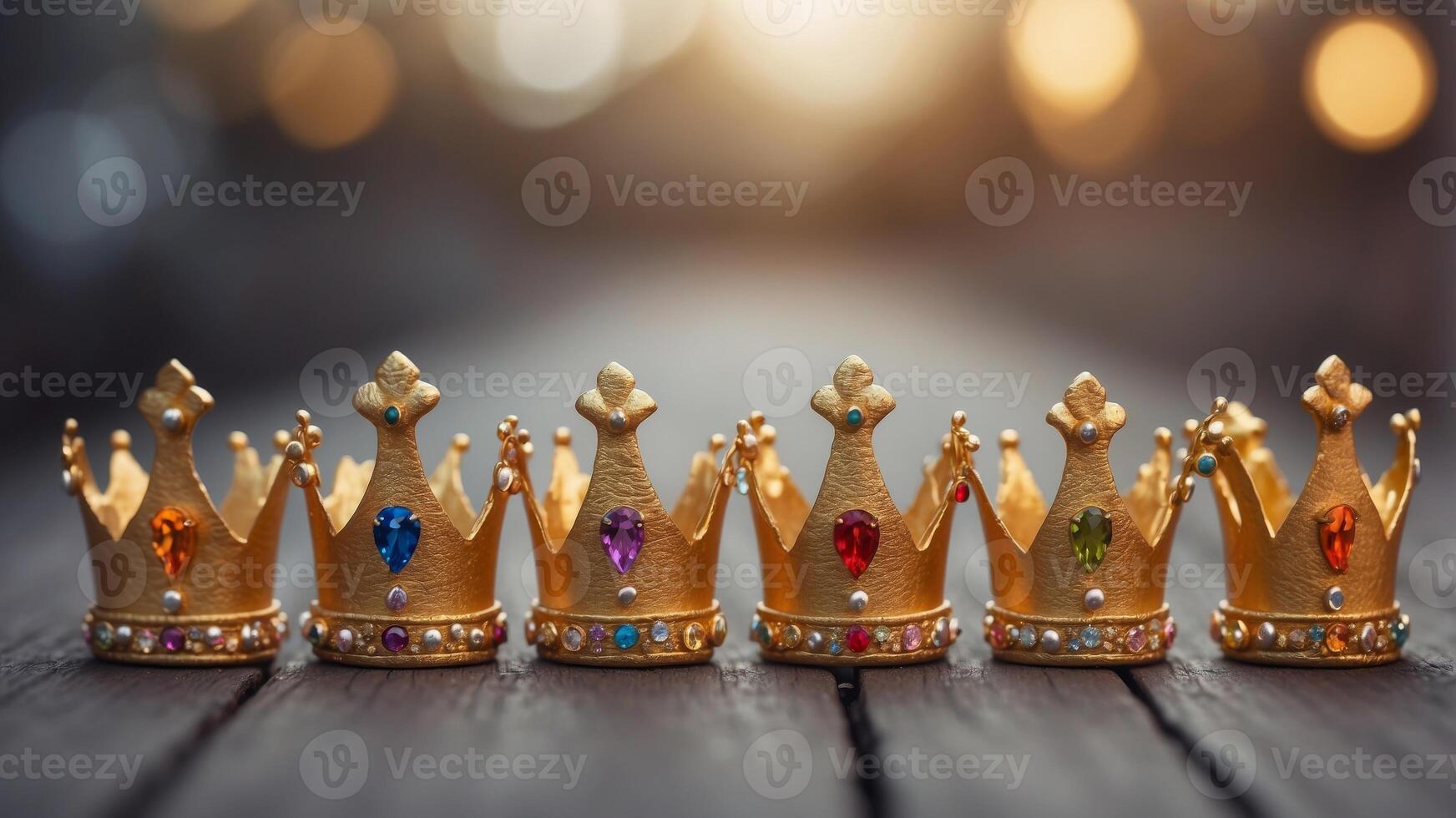 Row of Golden Crowns with Various Colored Bases. photo