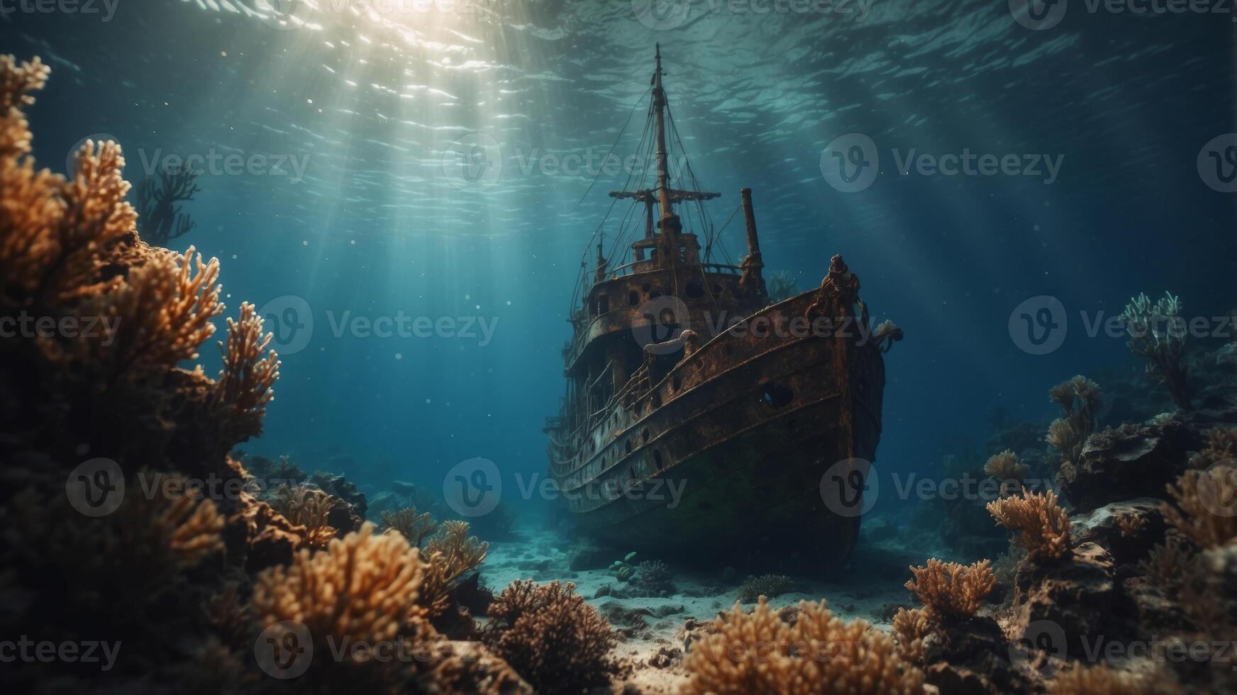 majestic sunken ship in the depths of the sea with good lighting. photo