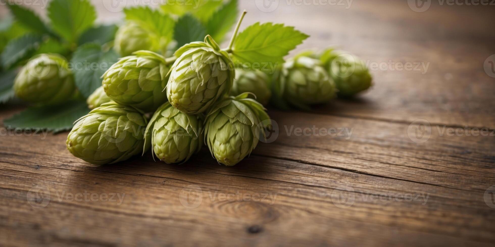 Fresh hops with green leaves on wooden table. photo