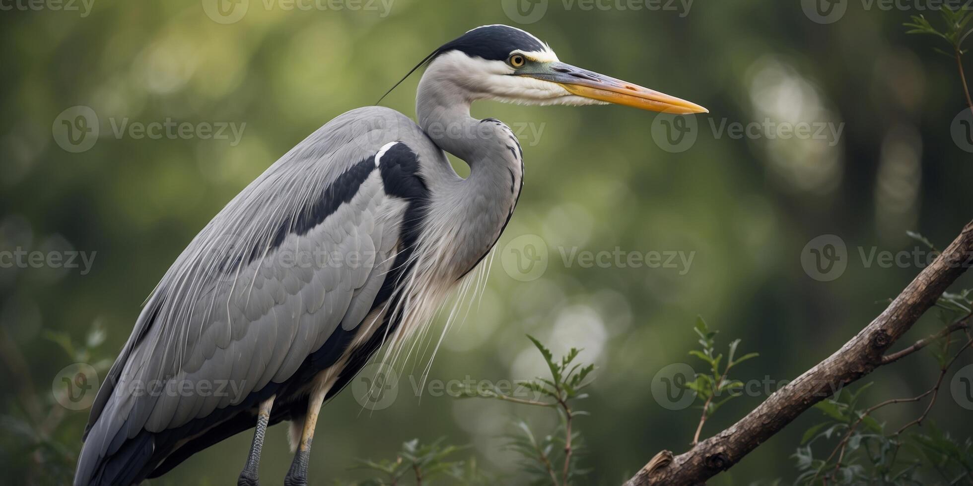 Macro shot of a Grey heron resting on a branch with green bushes in the background. photo