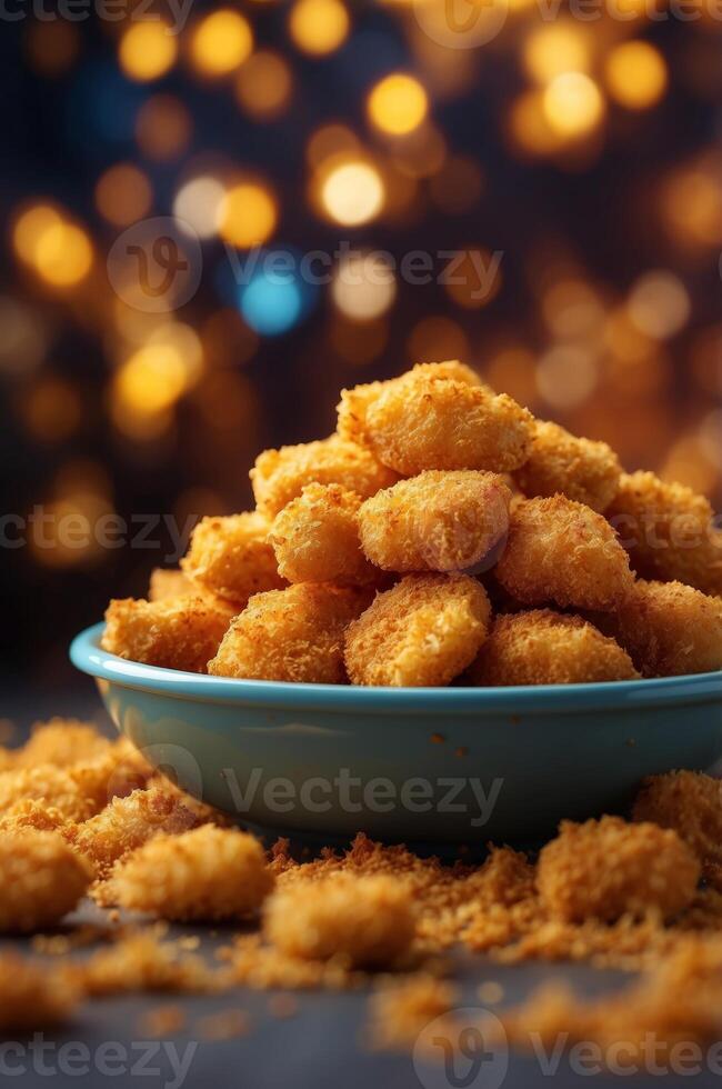 Background of golden fried chicken nuggets in breadcrumbs. photo