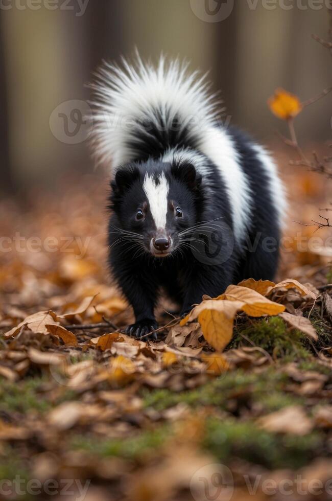 A Black and White Skunk in an Autumn Forest. photo