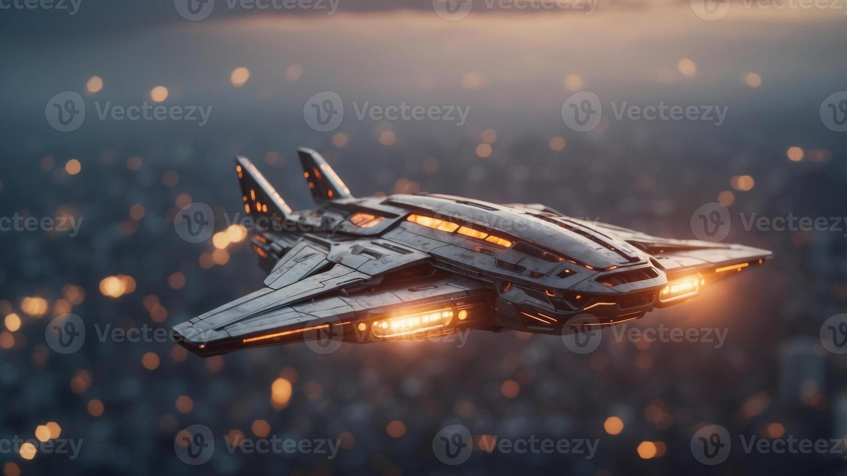 Futuristic Spaceship Flying Over a Cloudy Cityscape. photo