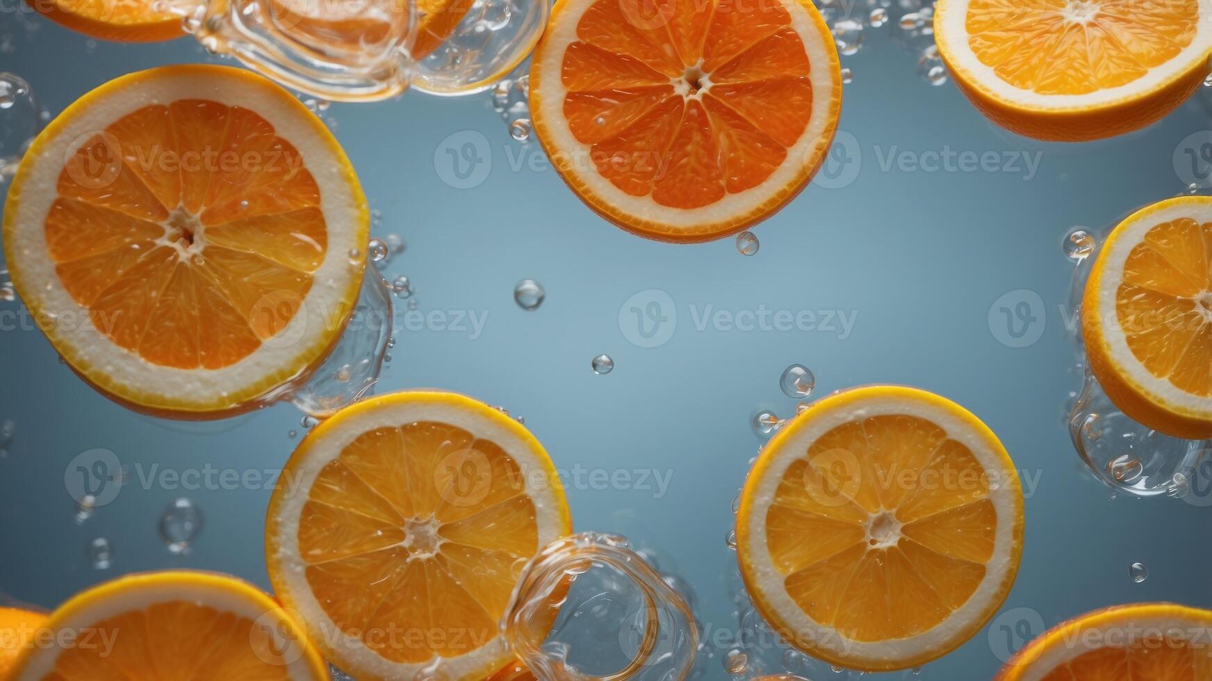 Citrus Fruit Slices Submerged in Water with Bubbles. photo