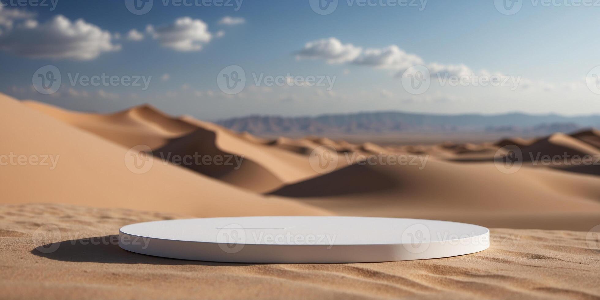 Mockup white podium for product presentation on desert dune with blue sky. photo
