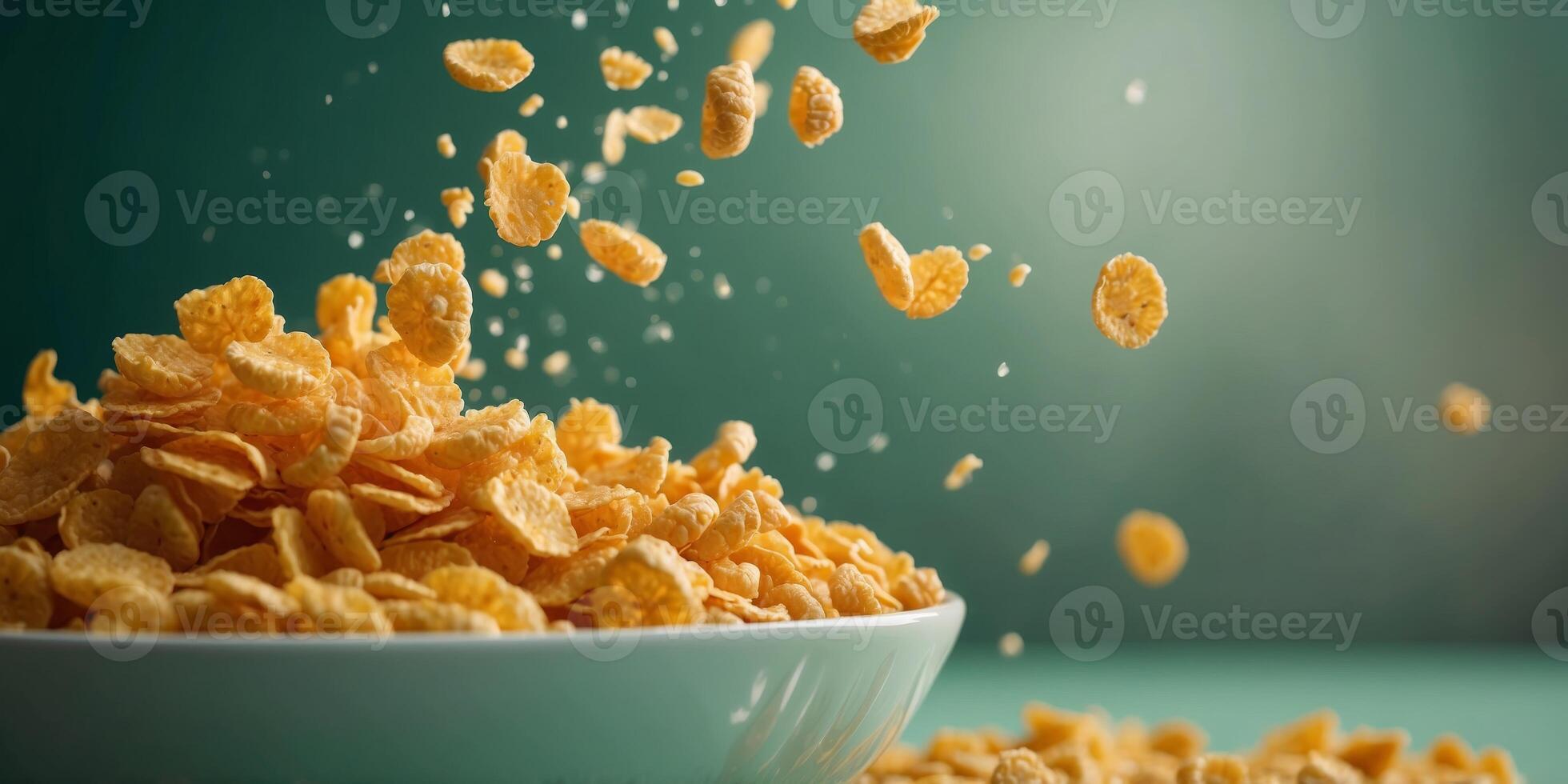 Close up of corn flakes falling into milk bowl on green background in minimalist style. photo