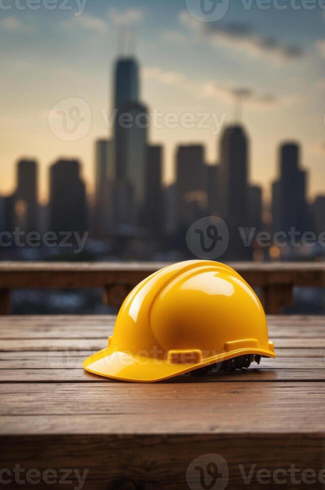 A yellow hard hat is on a wooden table in front of a city skyline. photo