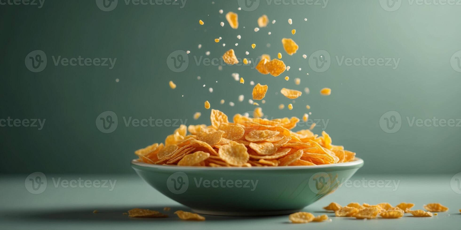 Close up of corn flakes falling into milk bowl on green background in minimalist style. photo