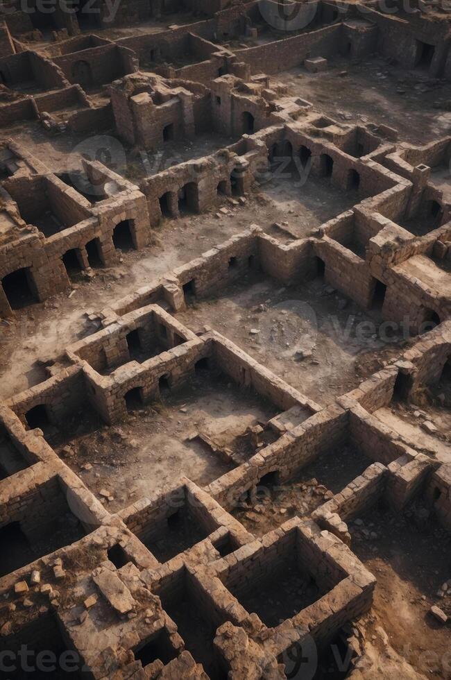 Aerial View of a Ruined City with a Dark Pit in the Center. photo