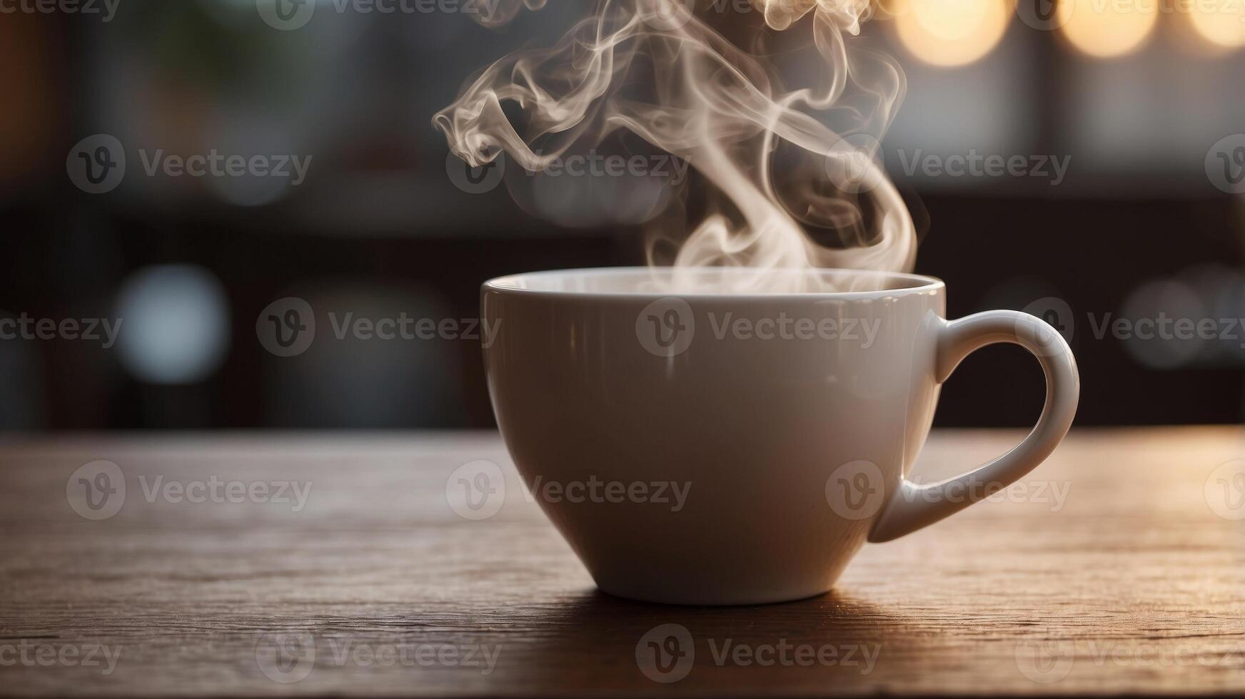 A white coffee cup sits on a wooden table with steam rising from it. photo