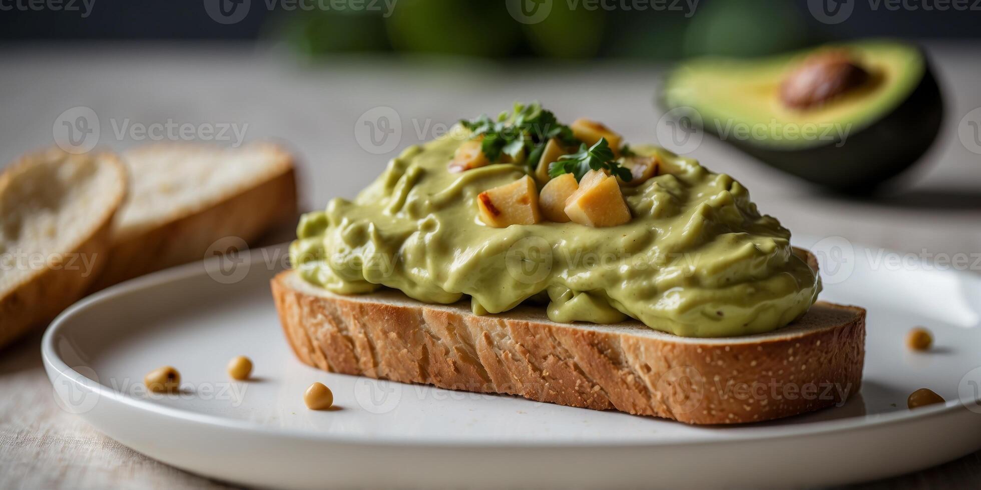 a white plate topped with a piece of bread covered in avocado. photo