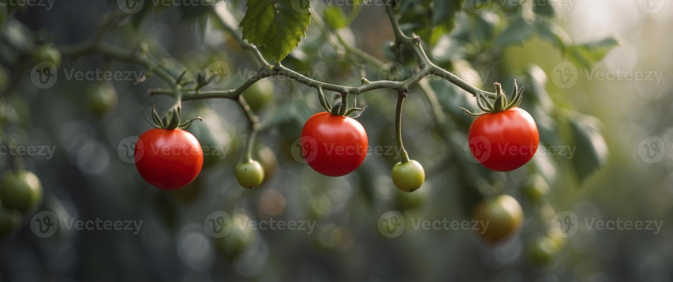 Single Red Tomato Attached to Vine Branch. photo
