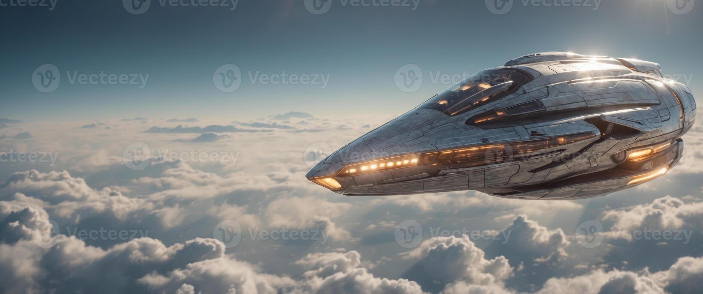 Futuristic Silver Spaceship Flying Above Clouds. photo