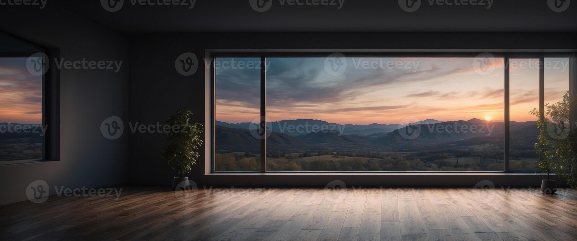Dark empty modern room with beautiful landscape in the window. photo