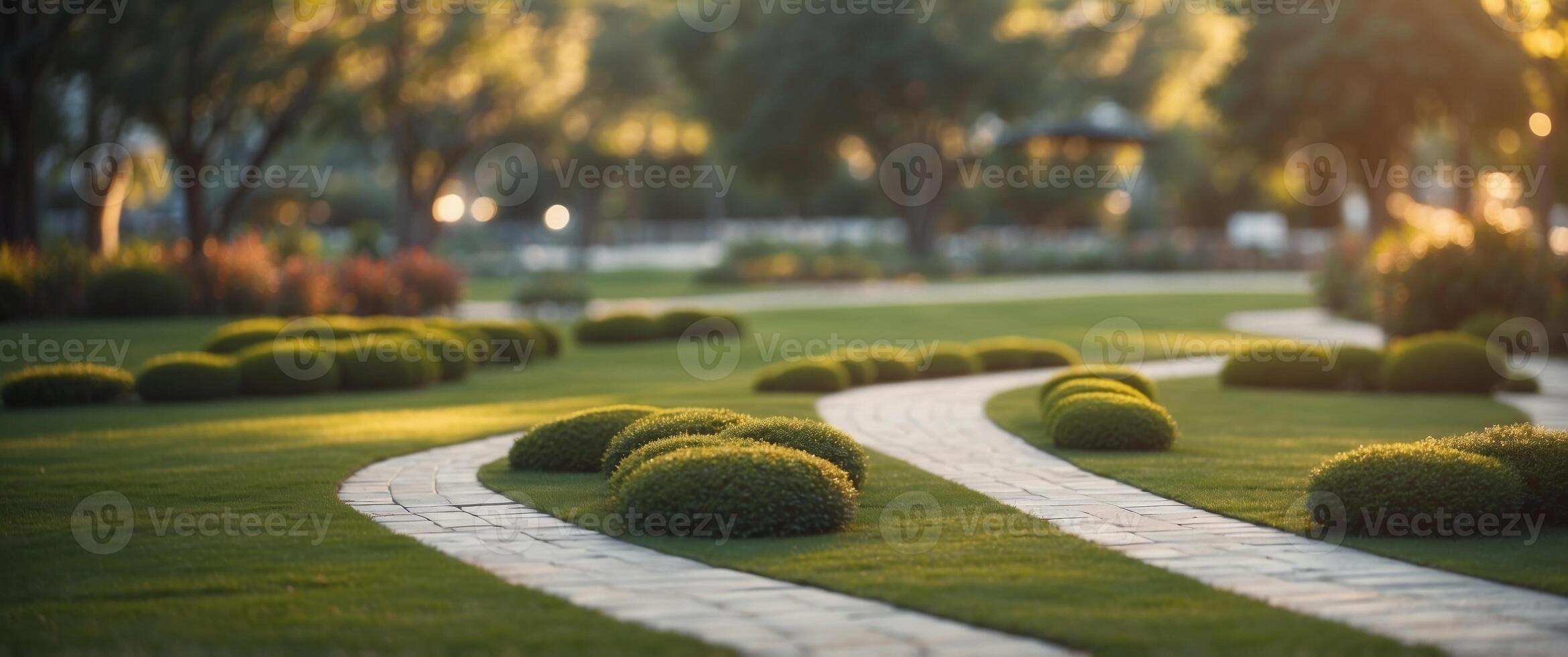 Lawn landscape with curved walkways grass surface architecture landscape design gardening landscaping. photo
