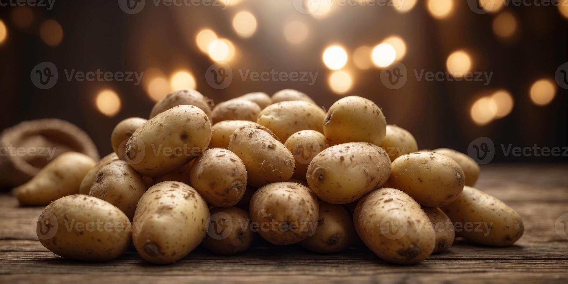 Potatoes spilling from a burlap sack on rustic wooden planks. photo