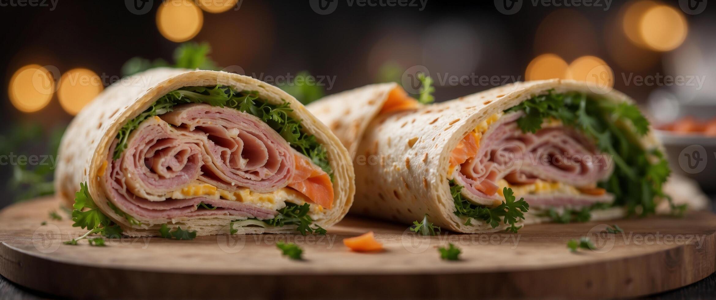 Lavash roll with cheesy ham and parsley for a nutritious club sandwich. photo