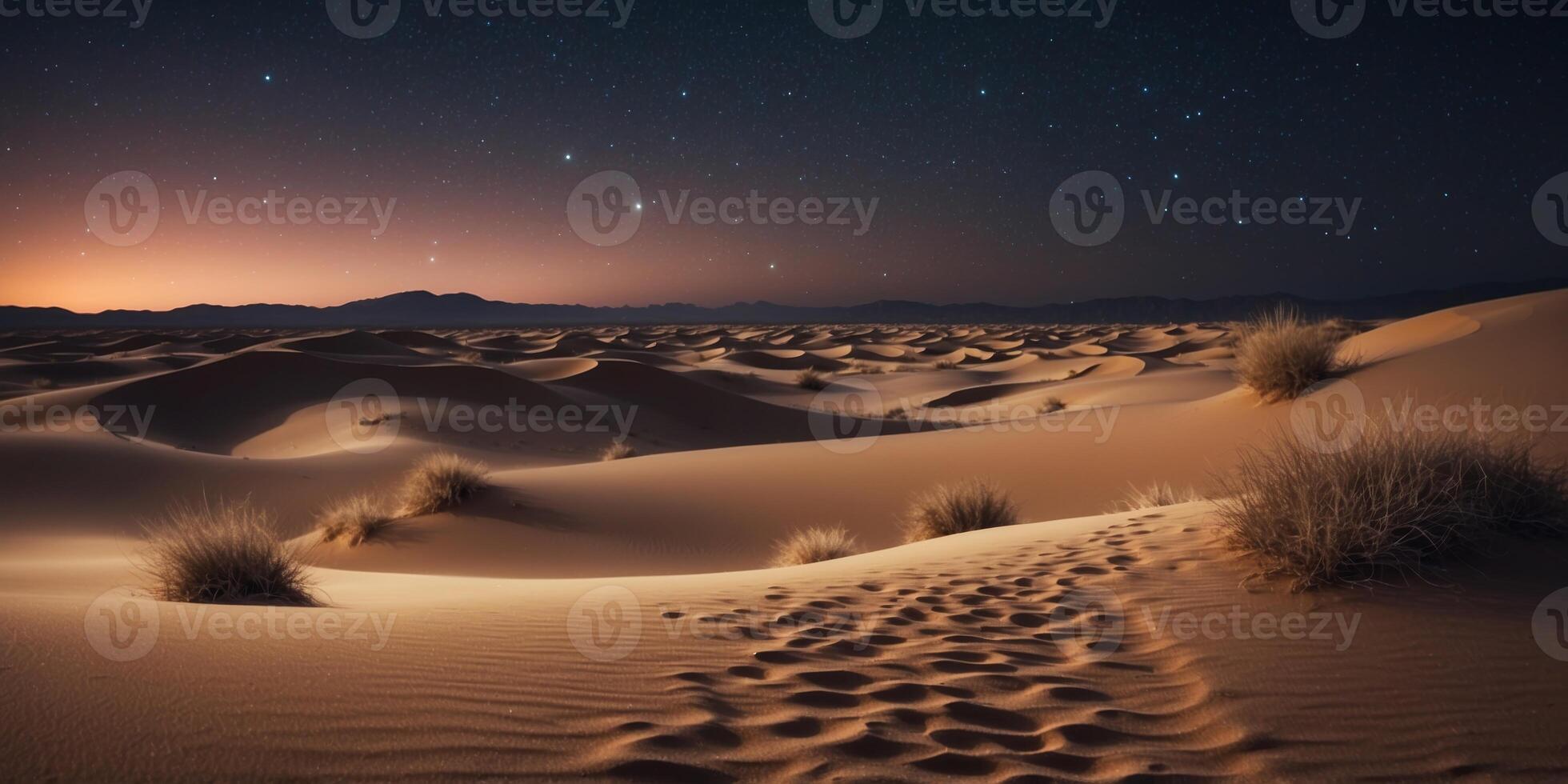 a nighttime desert scene with a sky full of stars and moonlit sand dunes. photo