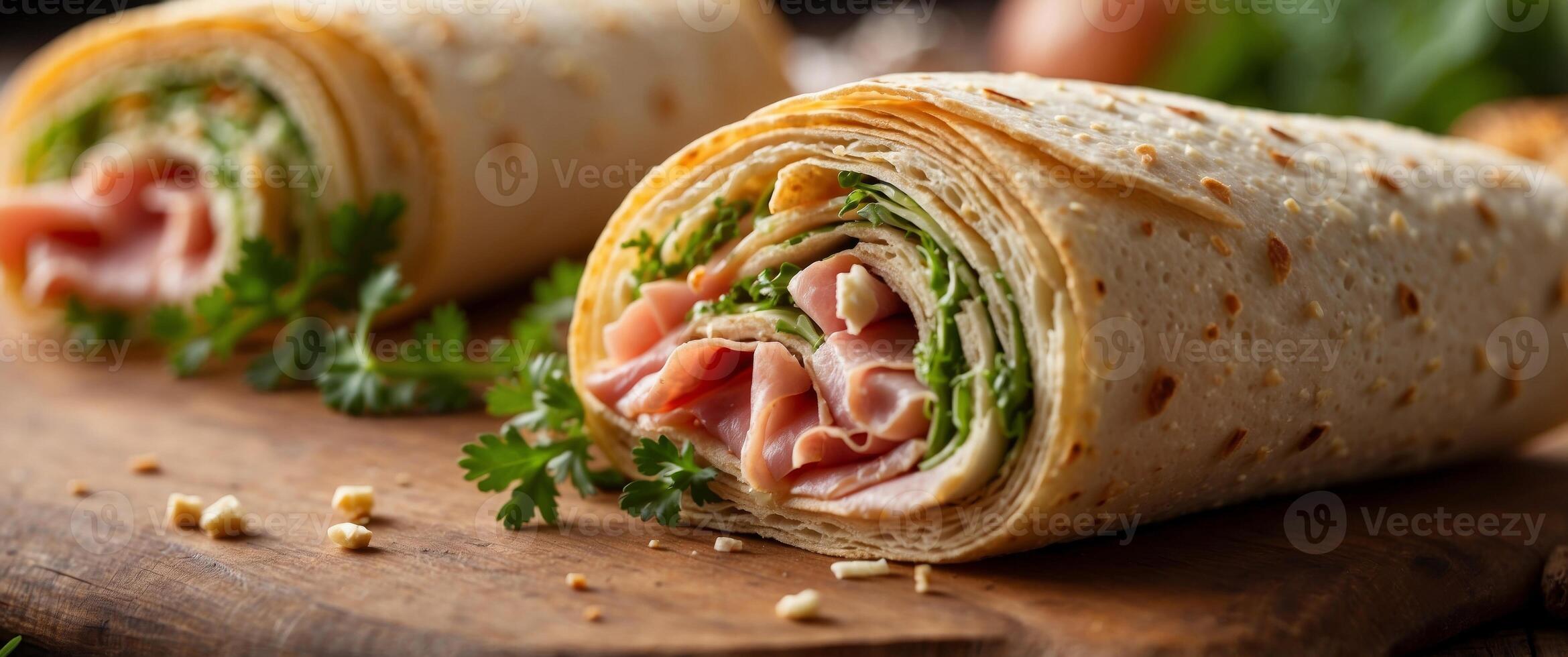Lavash roll with cheesy ham and parsley for a nutritious club sandwich. photo