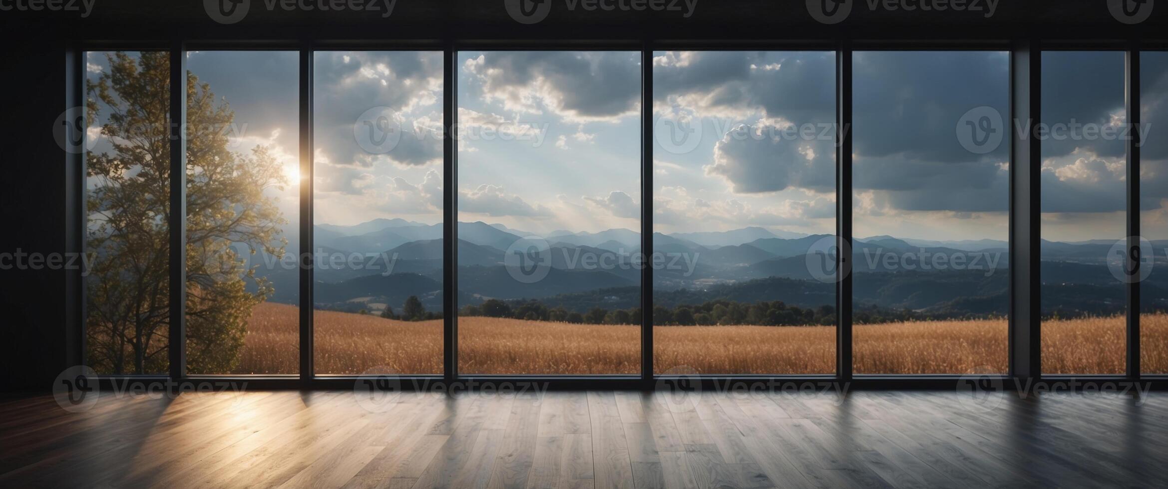 Dark empty modern room with beautiful landscape in the window. photo