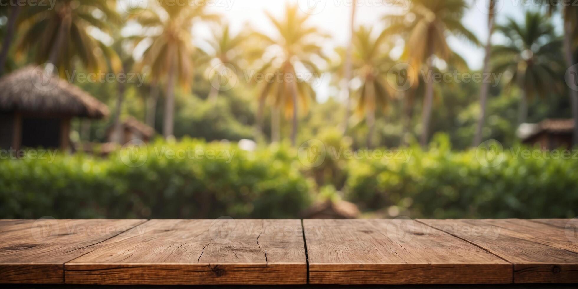 rustic wooden table top with blurred background of the coconut farm. photo