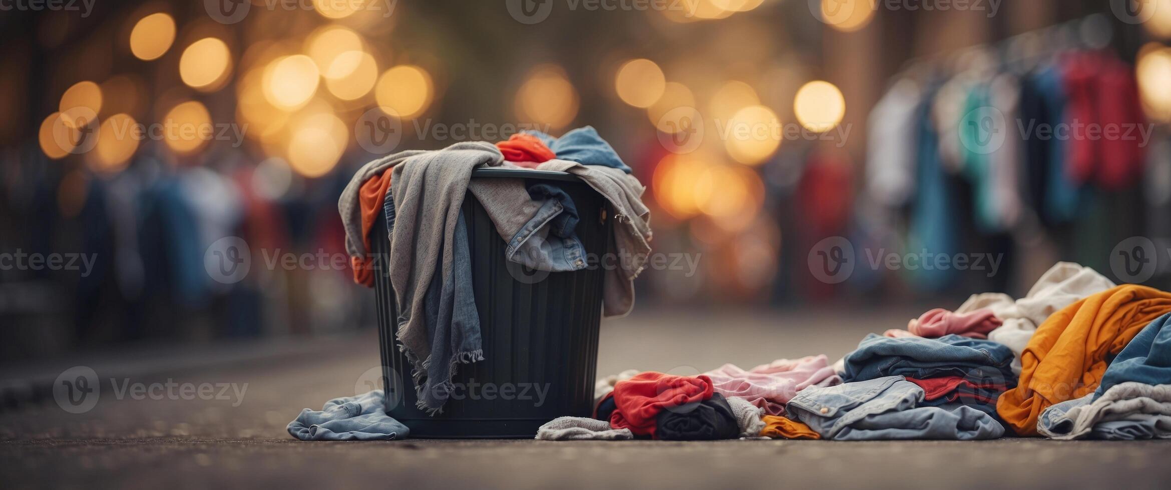Fast fashion concept with a trash can full of clothes. photo
