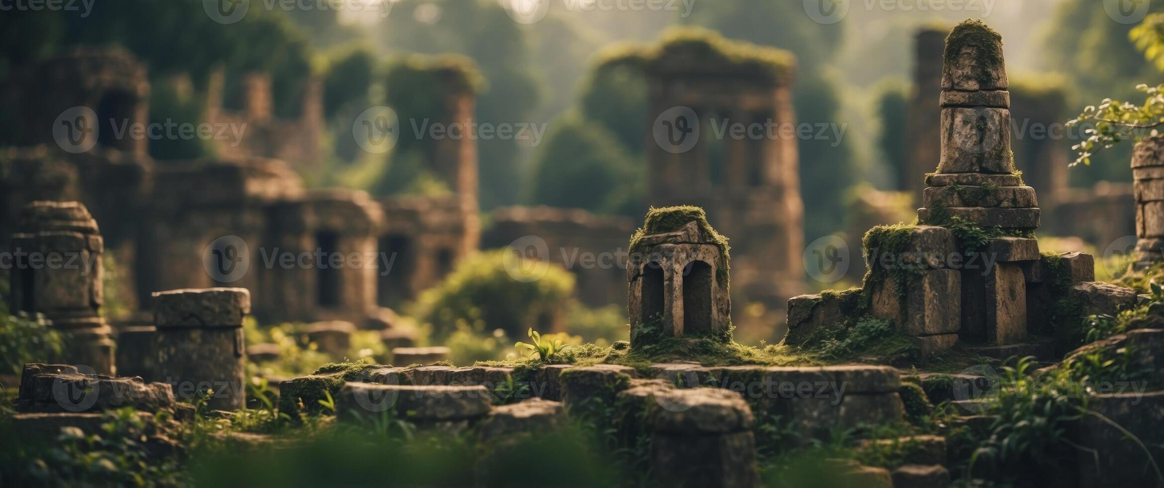 Ruins of an Ancient City Overgrown with Lush Vegetation. photo