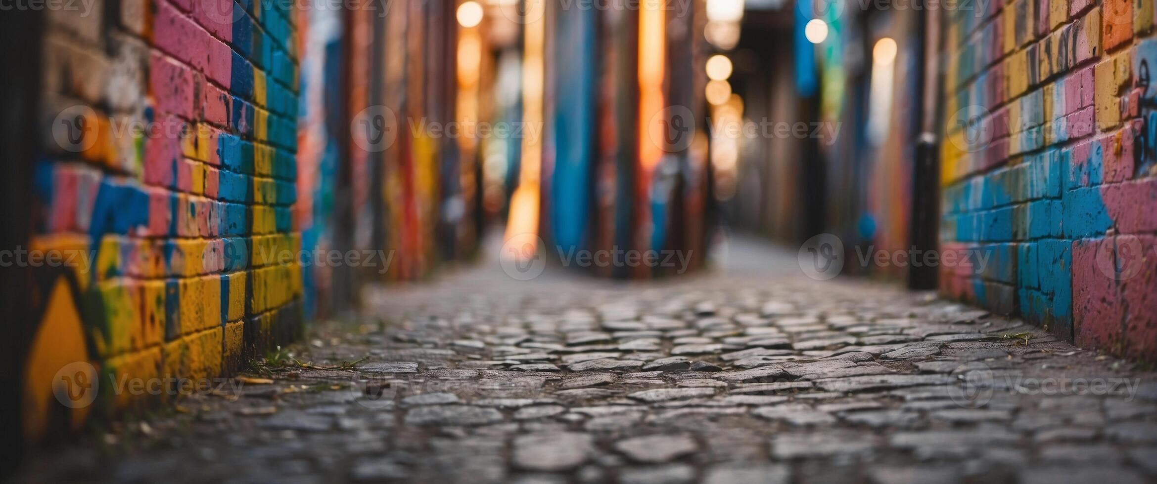 Colorful Graffiti Alleyway with Cobblestone Path. photo