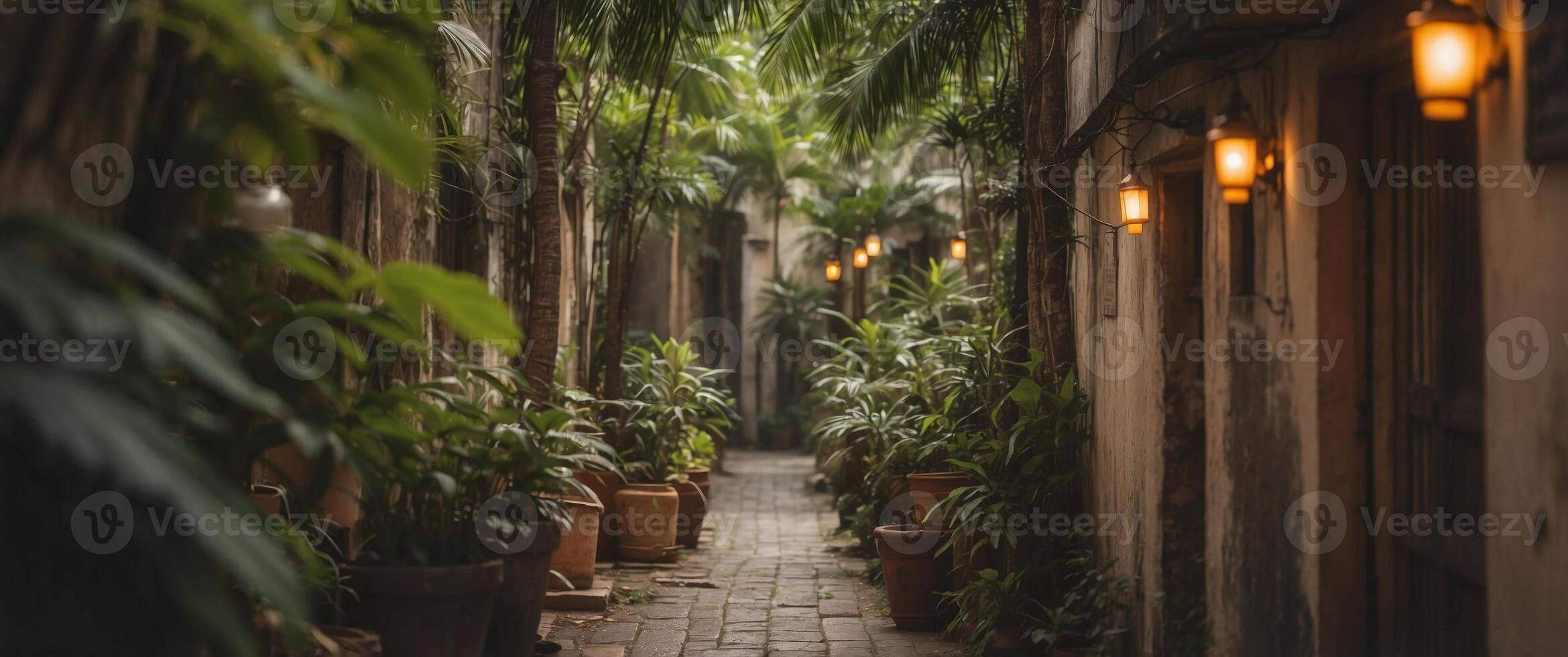A Narrow Alleyway in a Lush Tropical City. photo