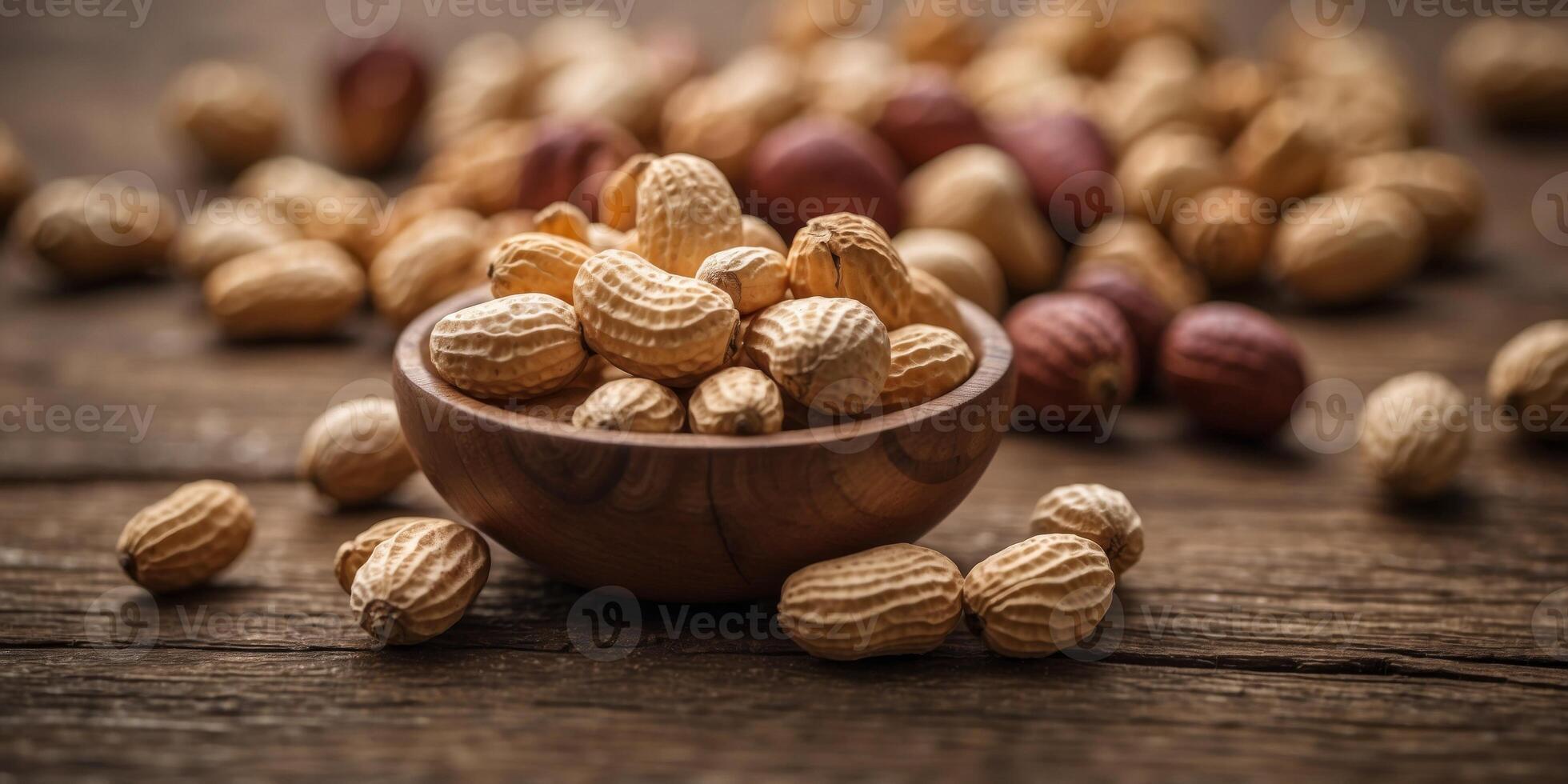 Peanuts shelled and arranged on rustic wooden surface. photo