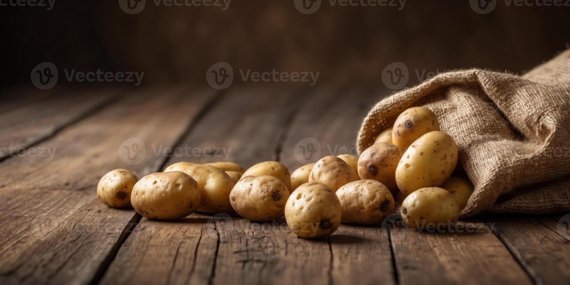 Potatoes spilling from a burlap sack on rustic wooden planks. photo