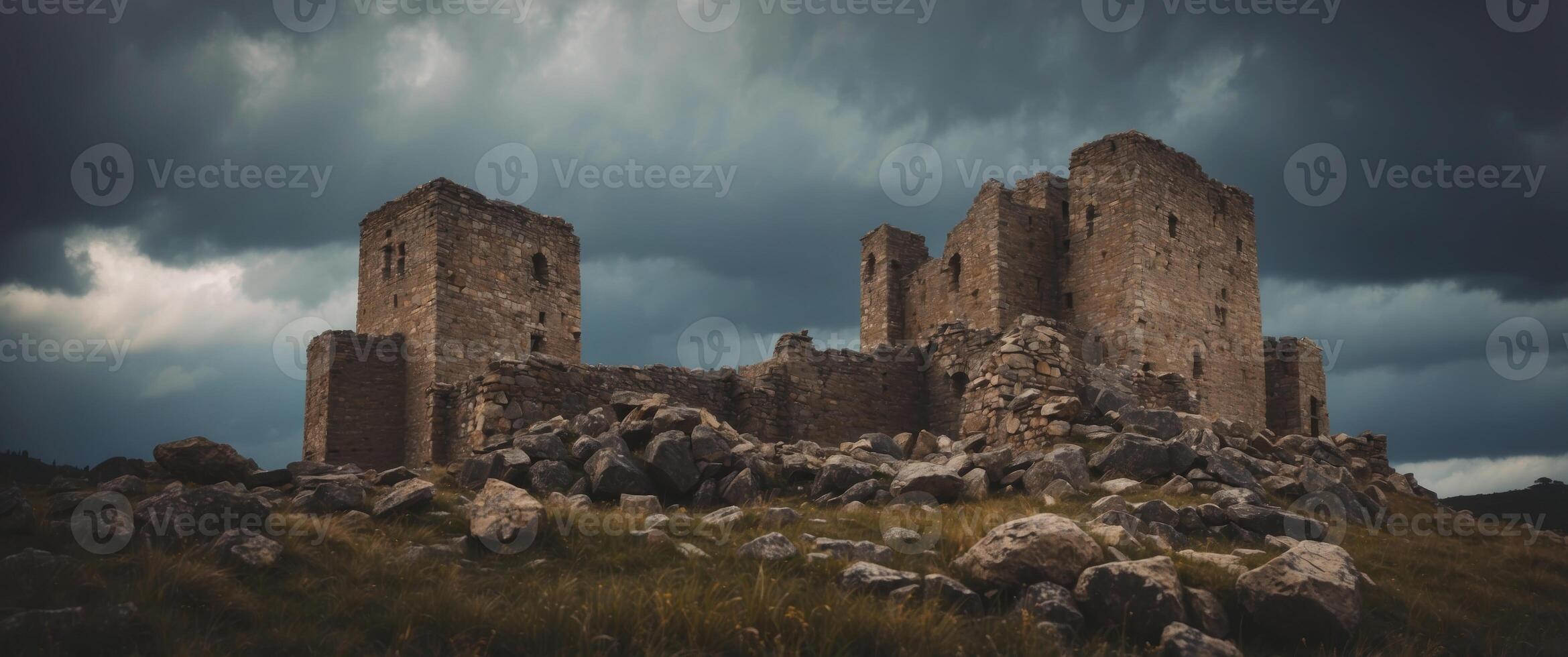 A Crumbling Stone Citadel Amidst a Stormy Sky. photo