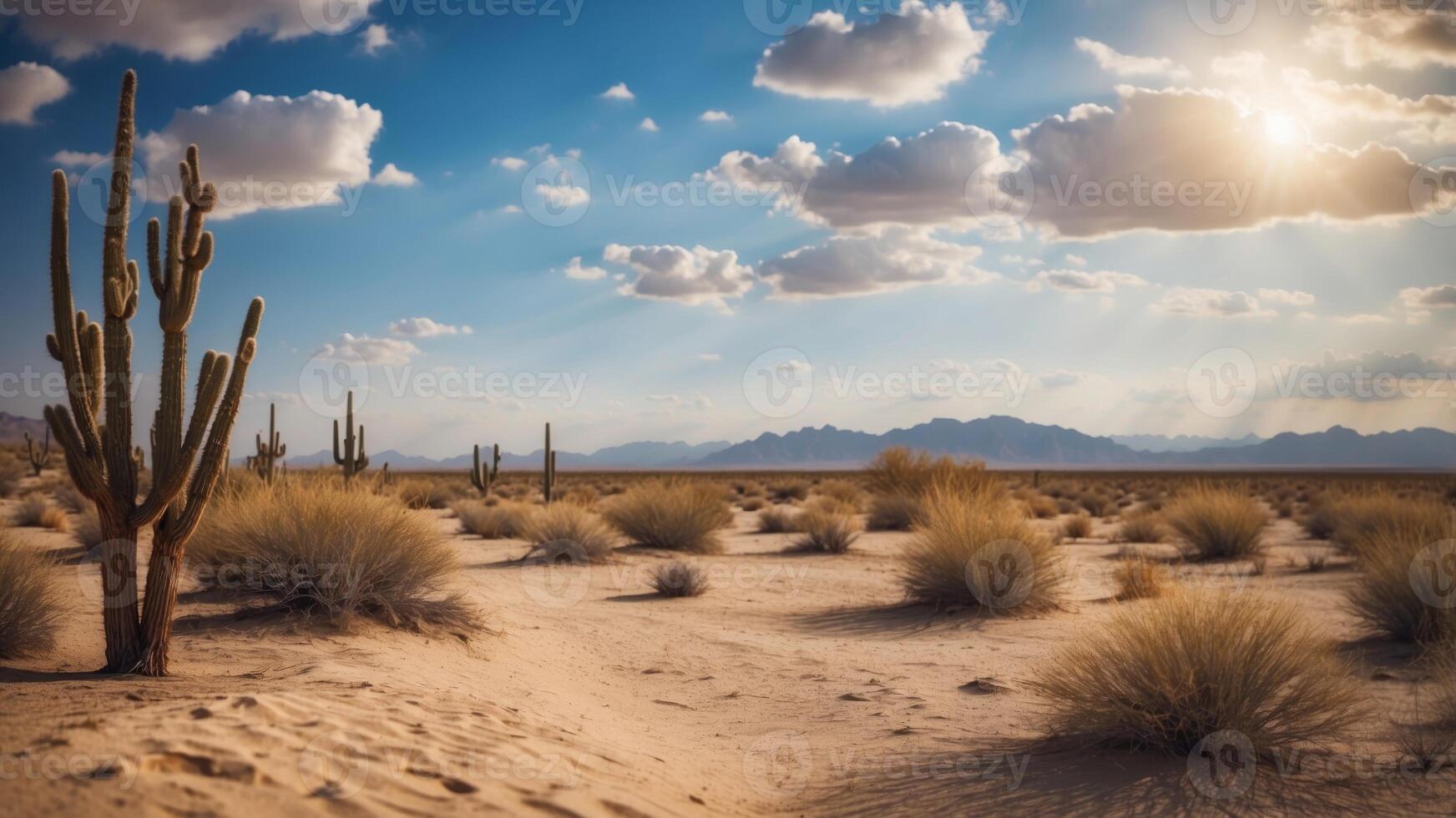 Beautiful desert landscape with blue sky and white clouds. photo