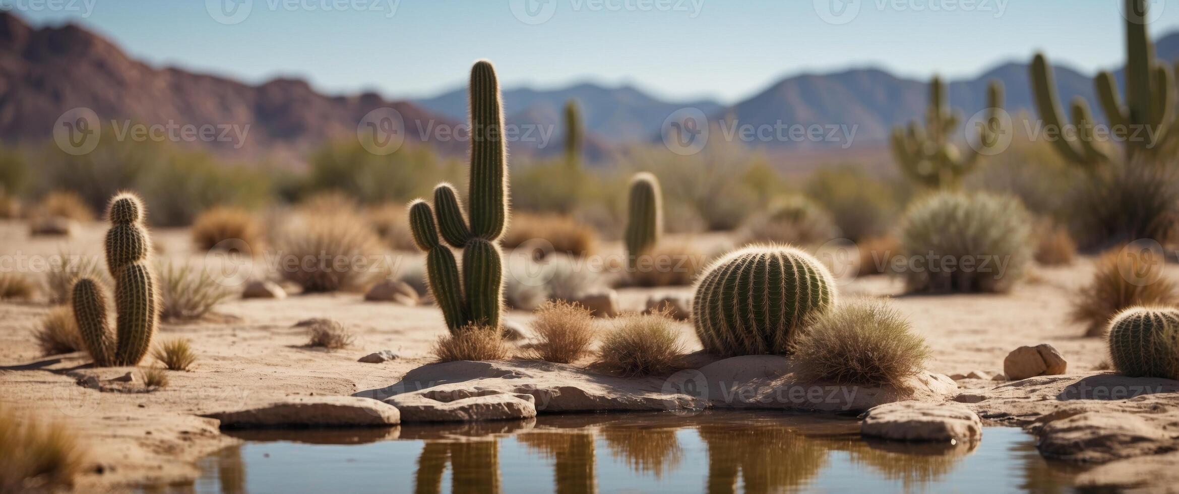 A desert scene with a river and two cacti. photo