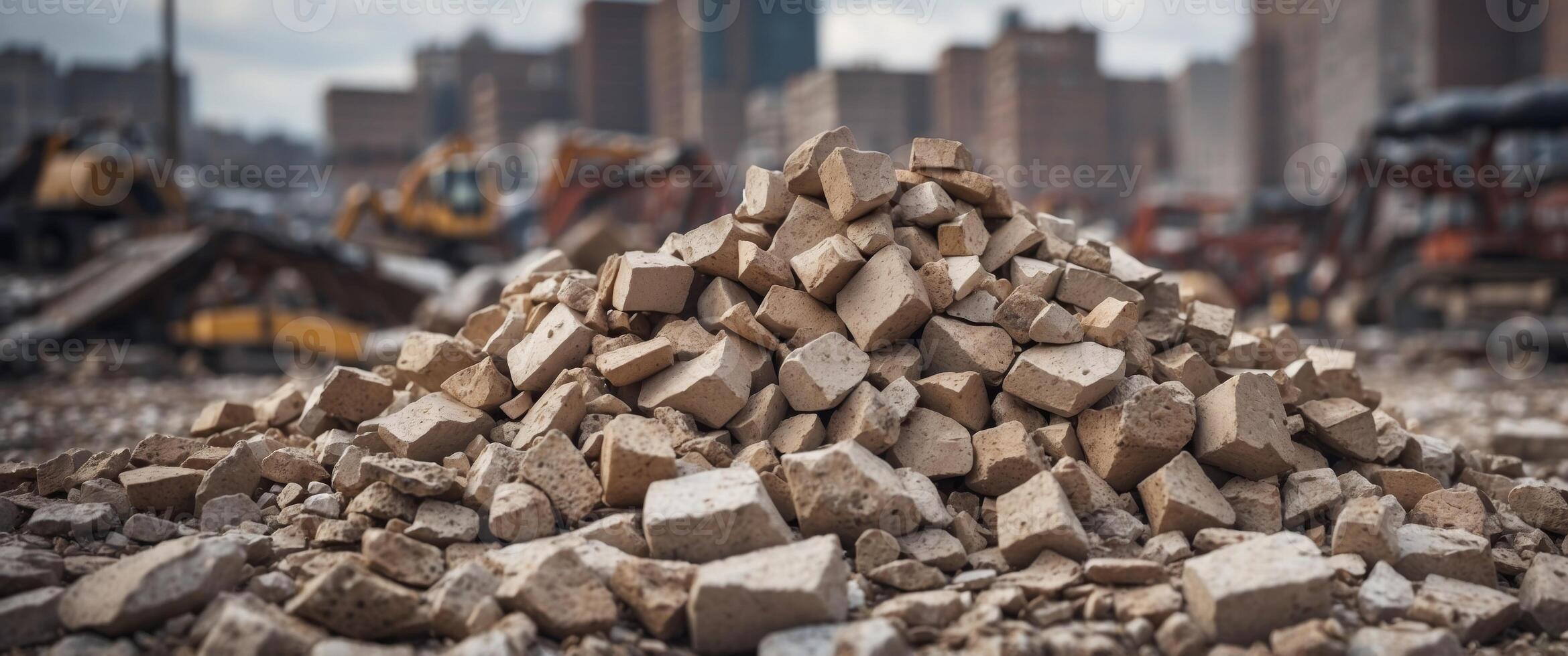 A Pile of Rubble Before a Demolished Building. photo