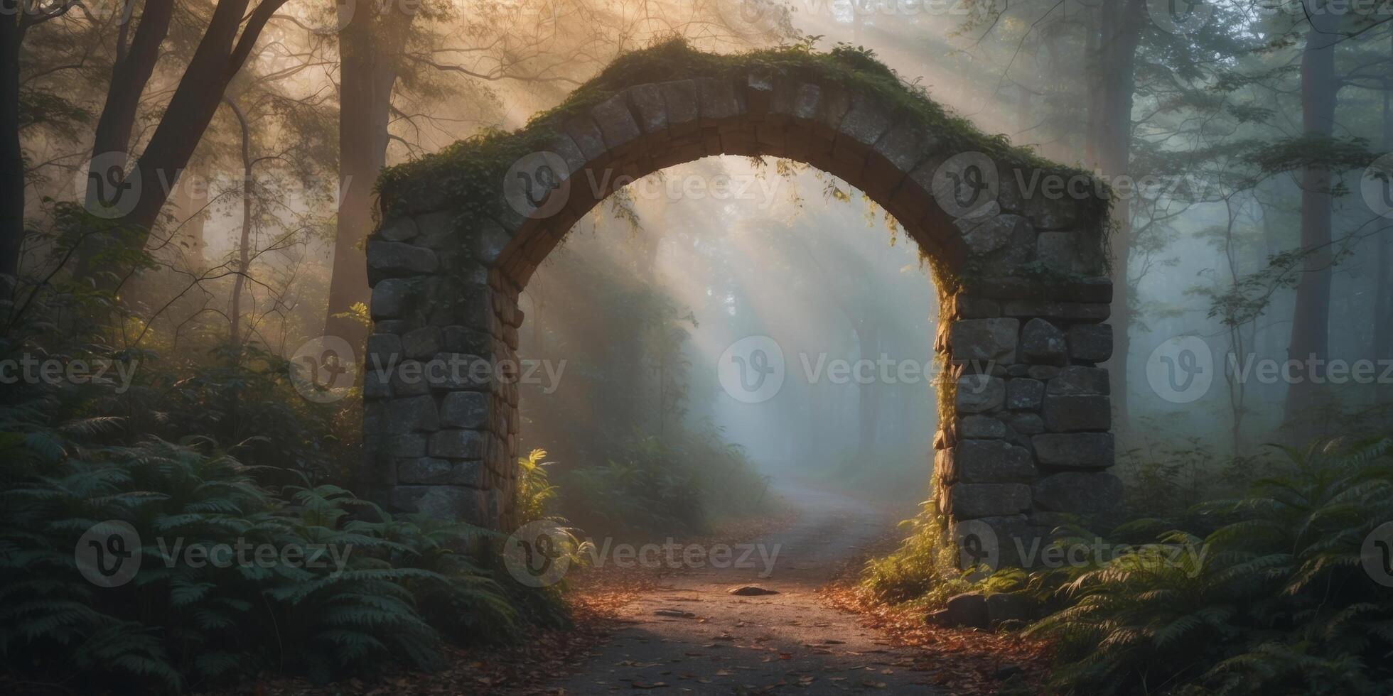 Overgrown stone archway in a misty forest. photo
