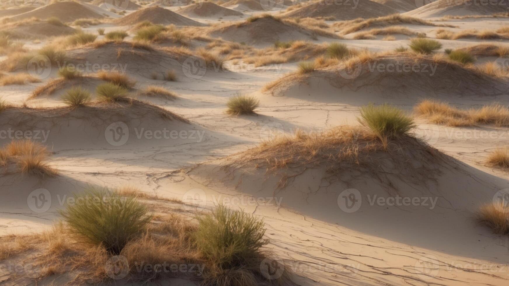 Aerial View of a Sandy Desert with Sparse Vegetation and Rock Formations. photo