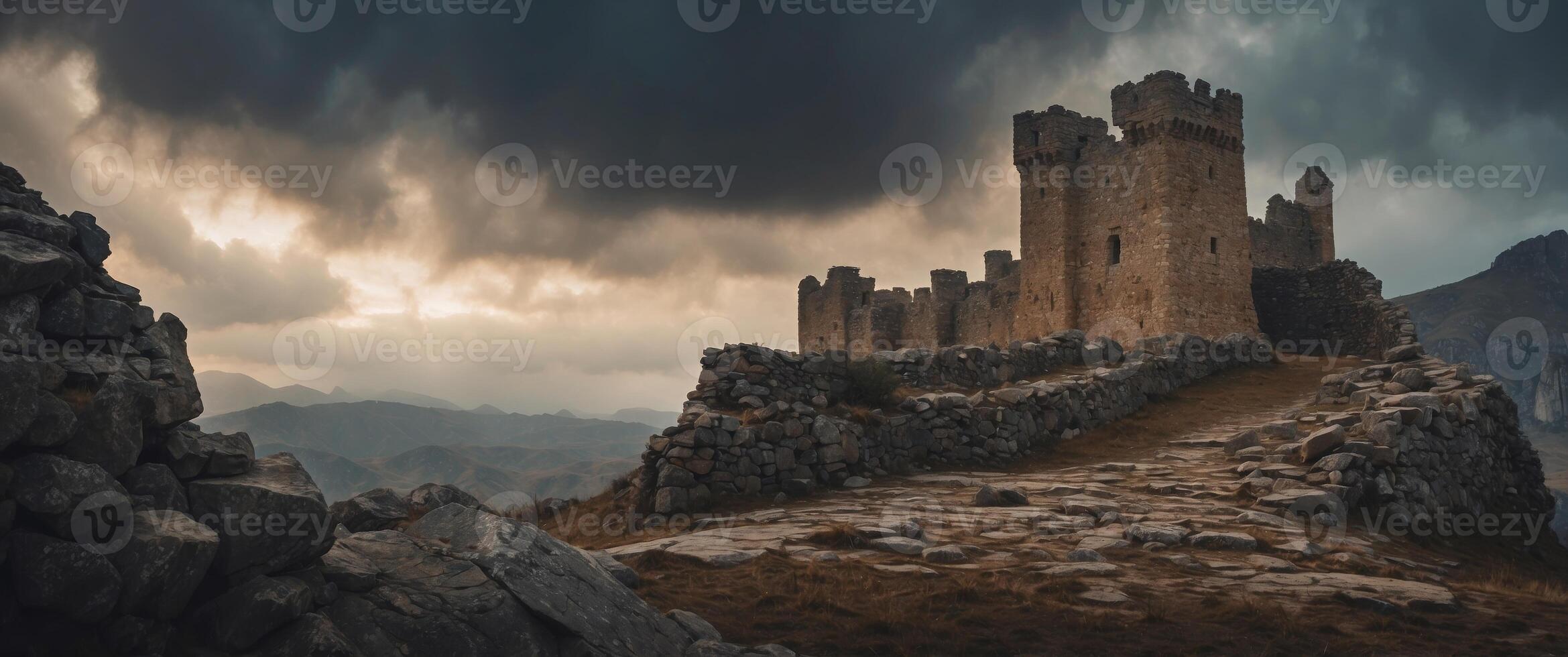 A Crumbling Stone Citadel Amidst a Stormy Sky. photo