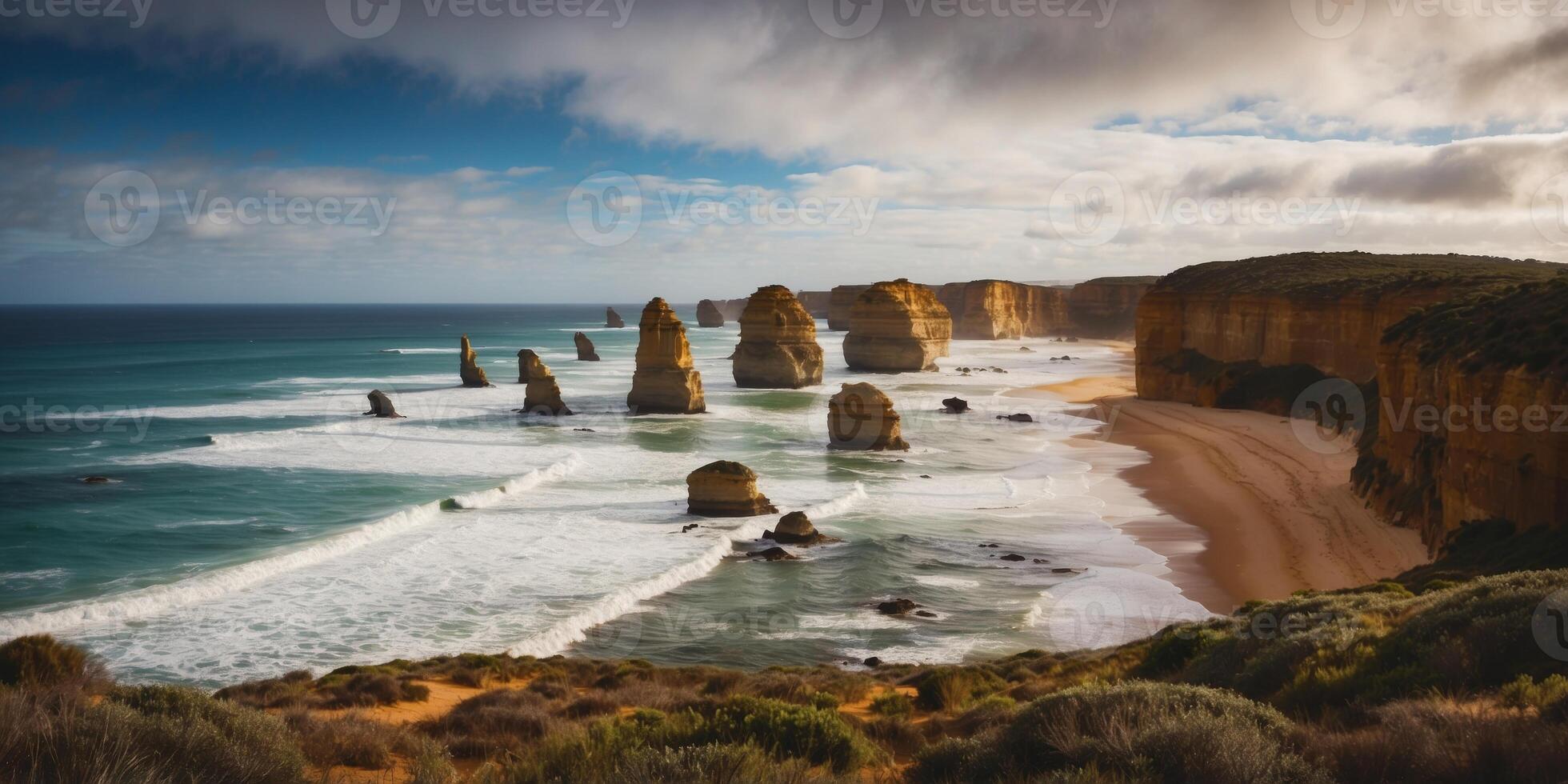 Scenic Drive Along the Great Ocean Road with Dramatic Twelve Apostles Rock Formations in Australia. photo