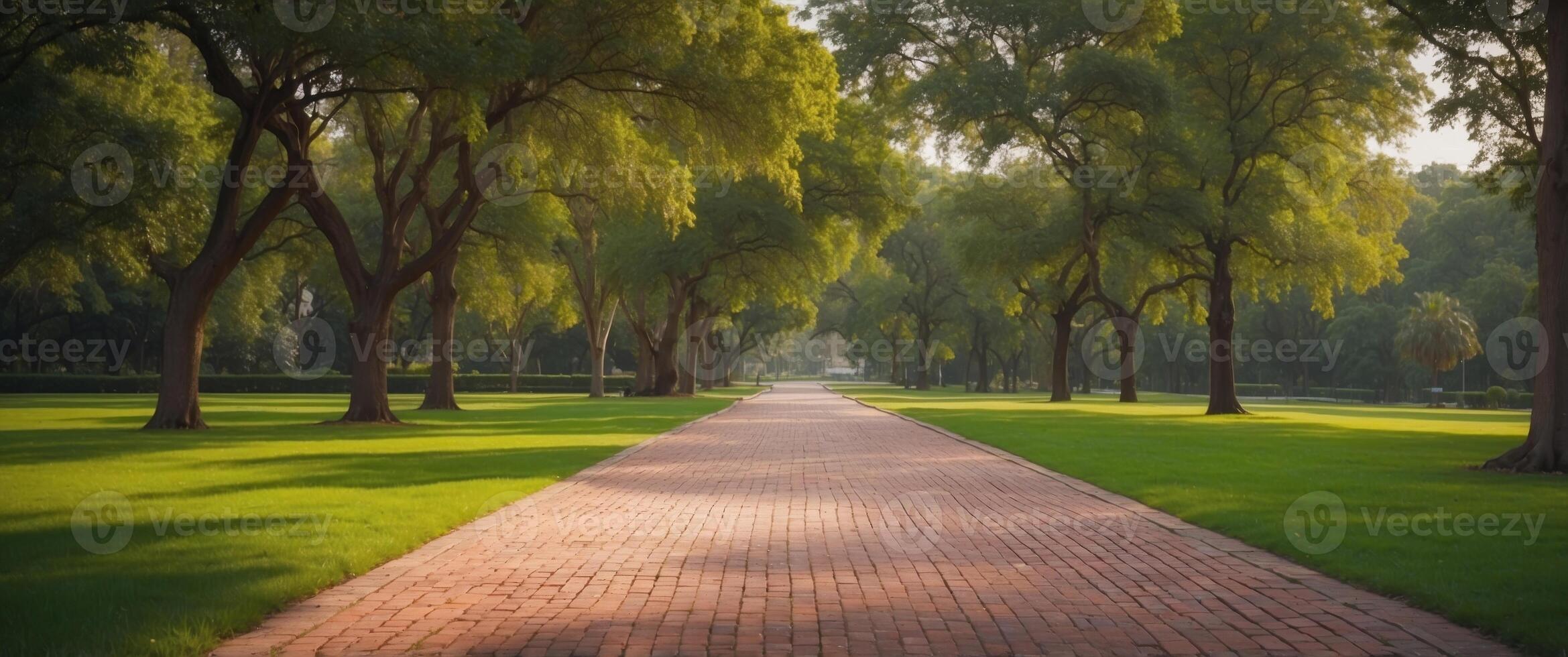 A path in a park with a brick walkway and a lush green lawn. photo