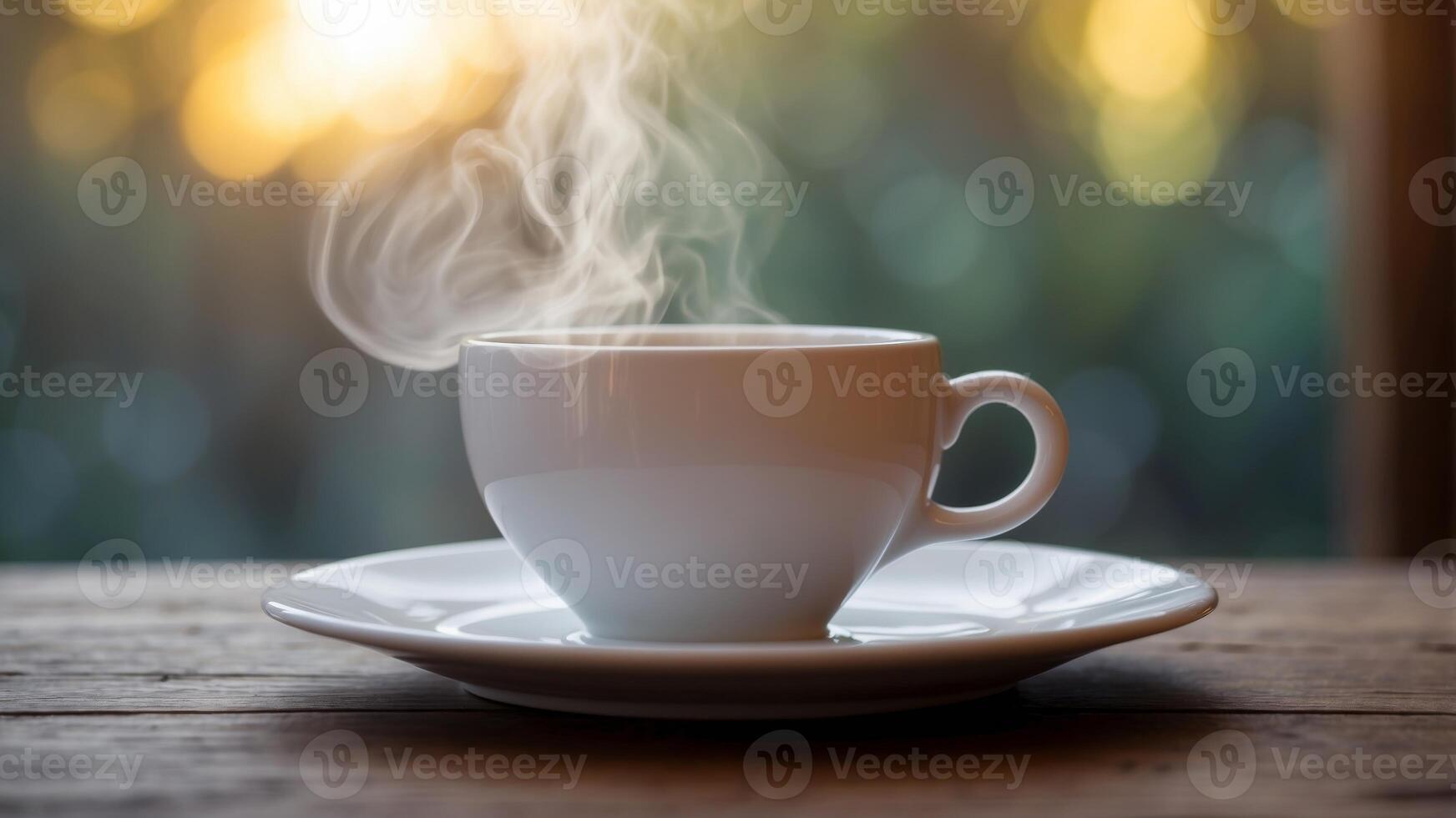 A white coffee cup with steam rising from it sits on a wooden table. photo
